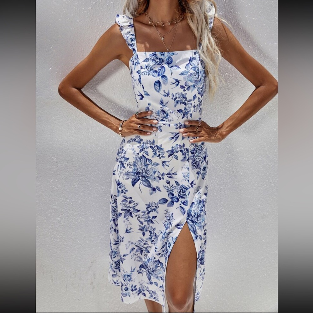 Floral Ruffle Trim Split Thigh Dress